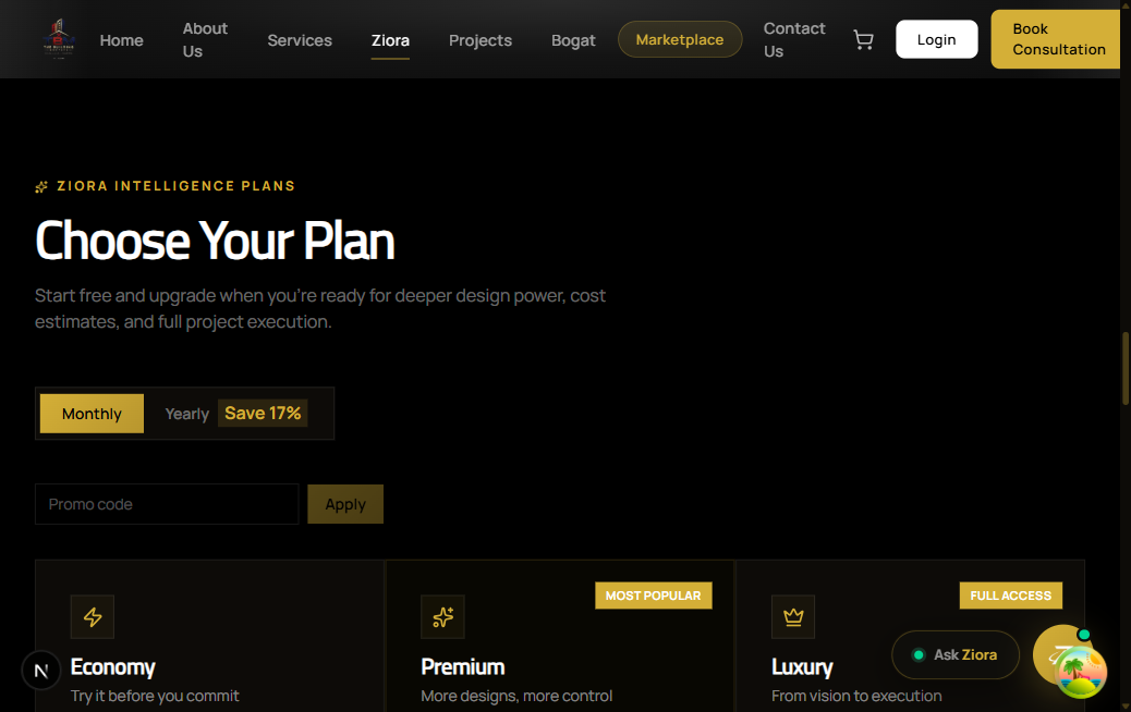 Ziora pricing plans page