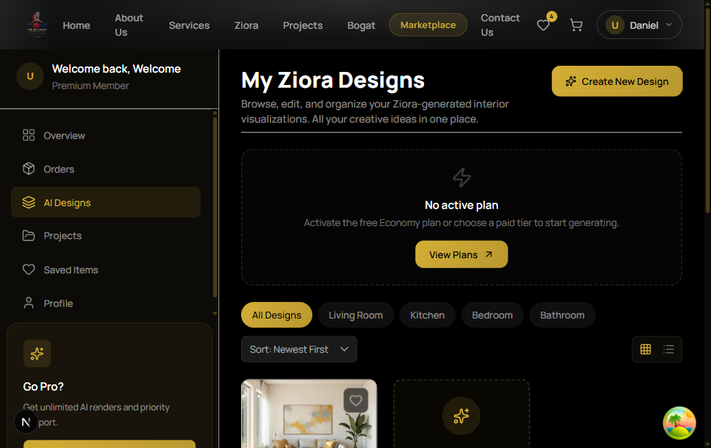 Dashboard AI Designs page showing the Create New Design button
