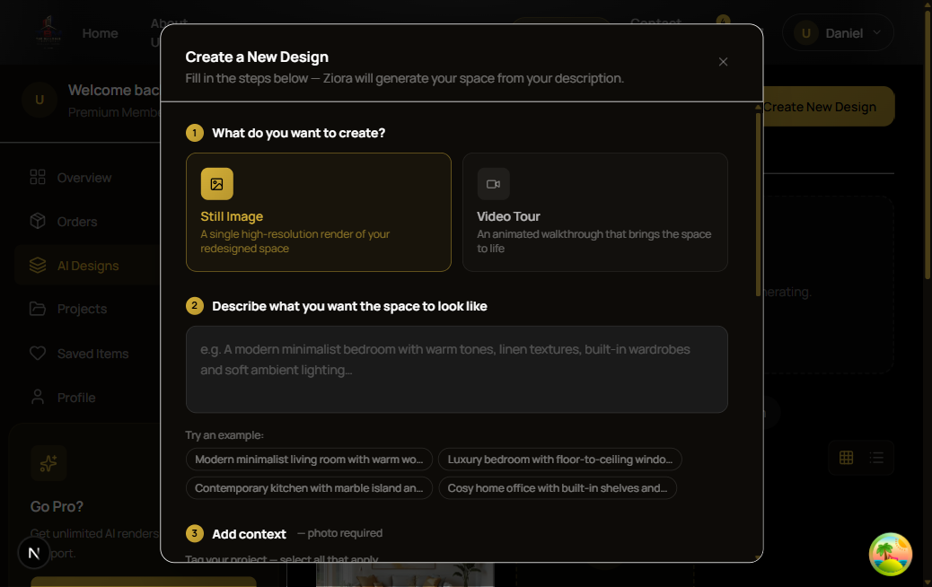 Create a New Design modal showing type selection and description field