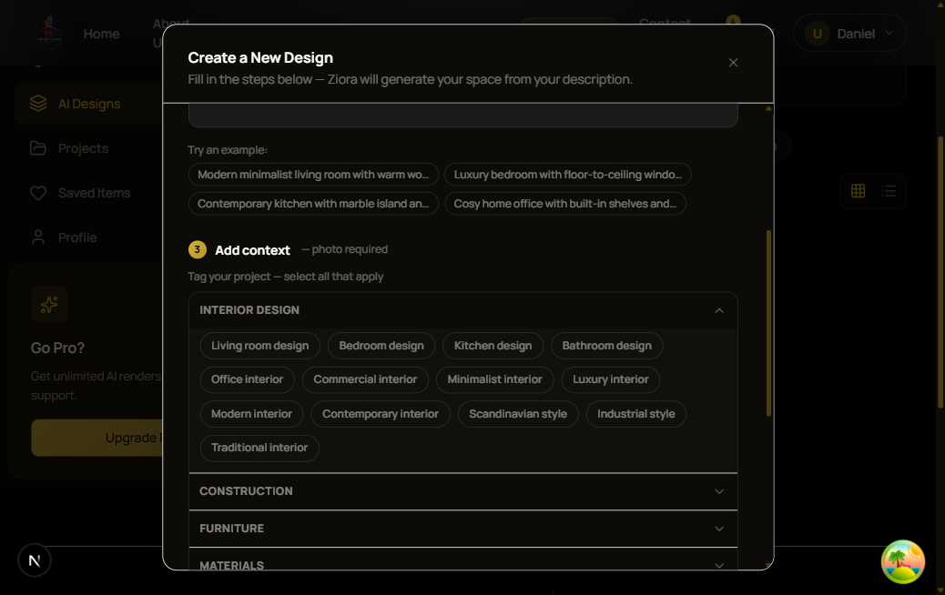 Style tag selection inside the new design modal