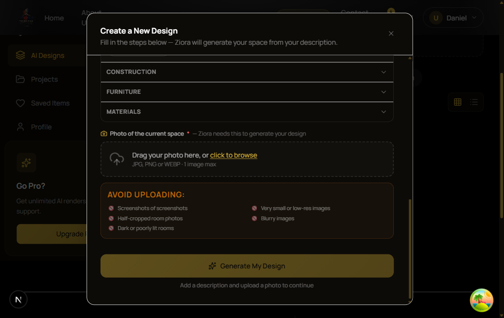 Photo upload area and Generate My Design button